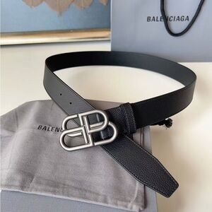 Balenciaga Black Leather Belt with Silver Buckle
